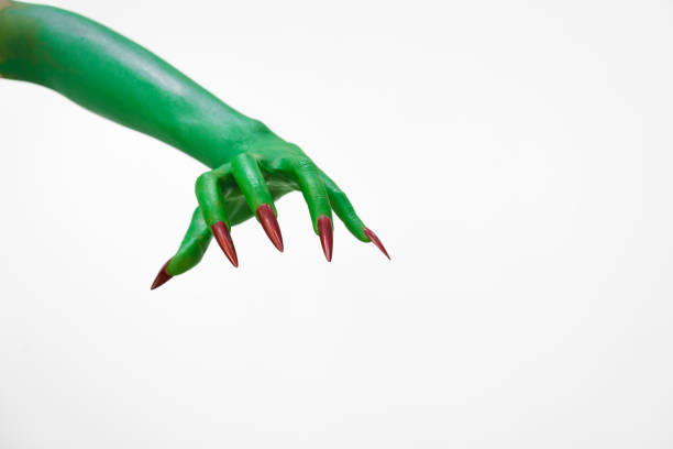 Green  female monster hand with sharp nails, isolated on a white background, exudes horror and mystery. Ideal for Halloween, this eerie image depicts undead evil, evoking fear and dark fantasy.