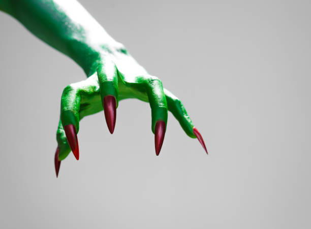 Green  female monster hand with sharp nails, isolated on a white background, exudes horror and mystery. Ideal for Halloween, this eerie image depicts undead evil, evoking fear and dark fantasy.
