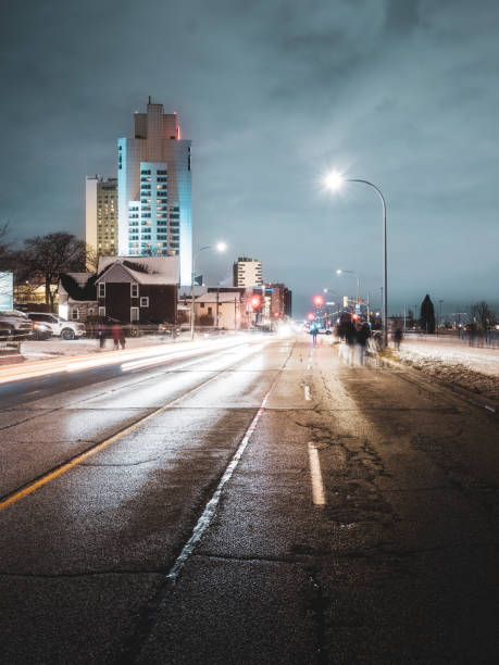 The Windsor, Ontario winter skyline at dusk.