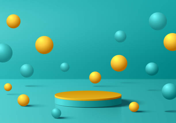 istock Blue 3D cylindrical podium background with yellow, blue bounce ball. 3D Studio wall scene. Minimalist mockup pedestal. Abstract stand product display presentation, Stage for showcase. Vector design. 2193490658