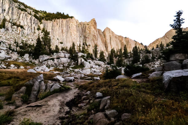 A serene view of Lone Peak’s valley at sunrise, with the first light of day casting a warm glow over the mountain ridges and lush alpine meadows.