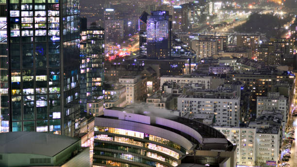 Warsaw, Poland. 3 January 2025. Cityscape by night seen from above.