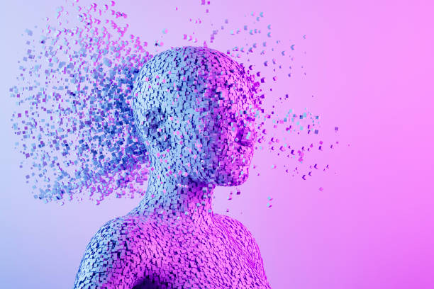 istock Cyborg with Floating Particles on Neon Background, AI Concept 2193502458