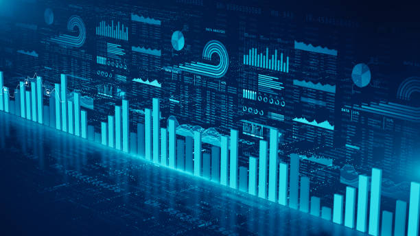 istock Business and financial investment strategy, Futuristic data analytics dashboard with glowing blue bar charts, pie graphs, and statistical visuals, Digital data abstract background 3d Rendering 2193504233