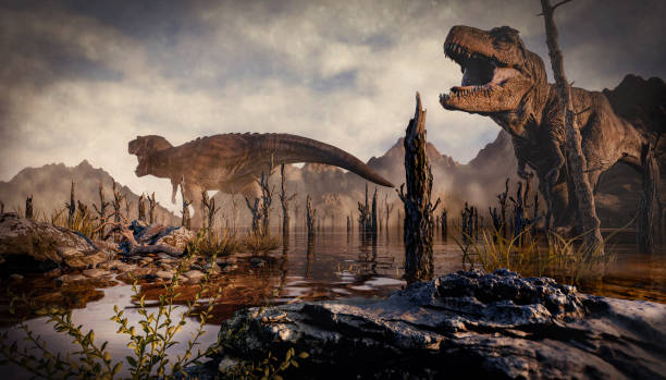 istock Jurrasic scene - Trex dinosaur in open landscape , 3D illustration. Made in Blender 2193513209