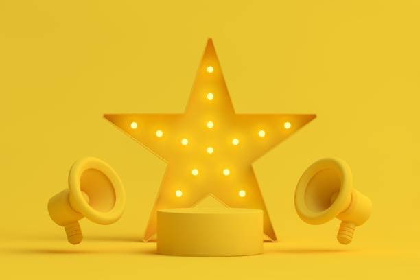 istock Yellow illuminated stars and stand for empty product presentation, blank scene, showroom 2193514201