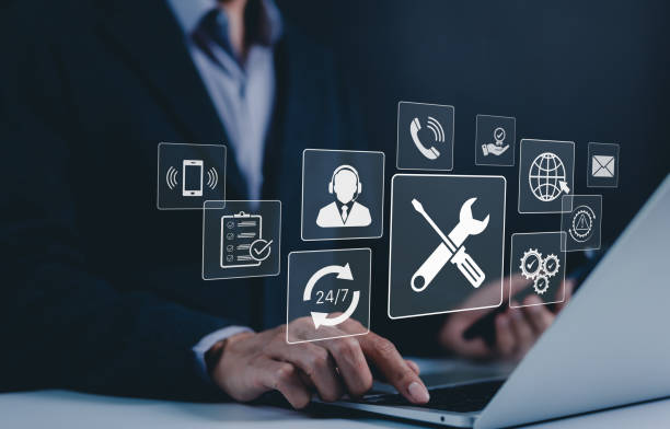 technical support and customer service concept. digital icon representing technical support, customer service, and 24/7 assistance. business technology solutions for global support, service management - suporte técnico imagens e fotografias de stock