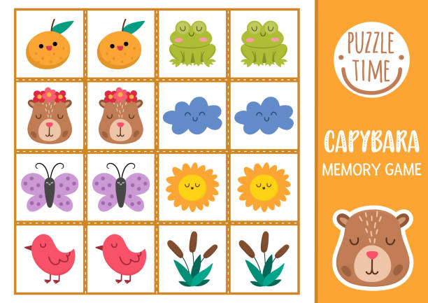 Vector capybara memory game cards with cute animals, frog, butterfly, reeds, bird, tangerine. Capibara matching activity. Remember and find correct card. Simple printable worksheet for kids Vector capybara memory game cards with cute animals, frog, butterfly, reeds, bird, tangerine. Capibara matching activity. Remember and find correct card. Simple printable worksheet for kids capybara-symbol stock illustrations