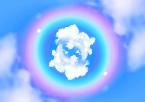 3d illustration of a round rainbow on a blue sky and white clouds with text space