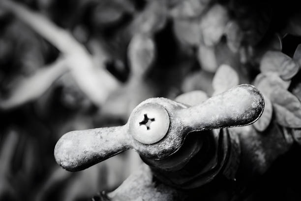 Close-up of a rusty, decaying faucet handle, emphasizing its age and state of disrepair