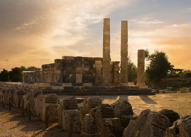 Sunset at Letoon Sanctuary. Ruins of Letoon ancient city. UNESCO World Heritage Site. Lycian walking route. Travelling to Turkey. Mugla province, Turkey country