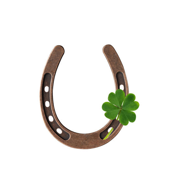 istock Horseshoe with lucky clover four leaf isolated on white background. 2193532858