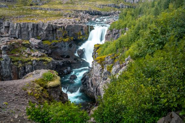 istock Scenic waterfall amidst lush greenery and rocky terrain. 2193533794