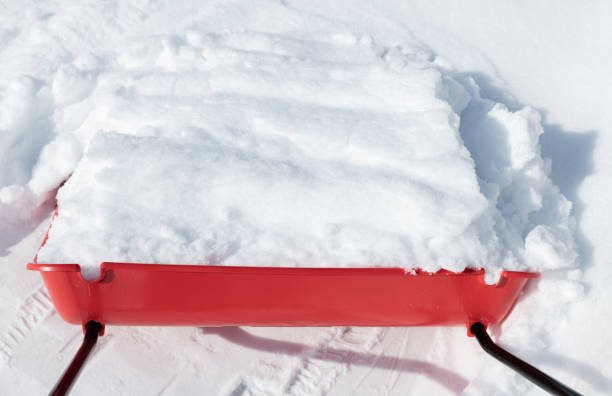 Family tobogganing down a snowy hill during winter vacation