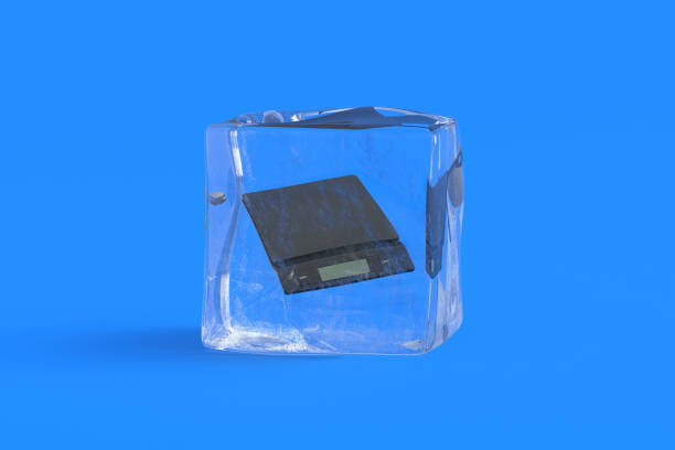 istock Kitchen scales in ice cube. Electronic culinary weight. 3d illustration 2193534974