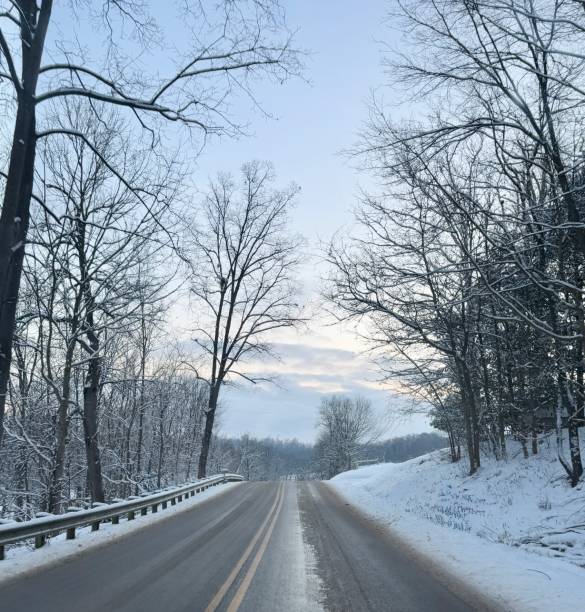 istock Icy Roads with Snow Covered Trees 2193535201