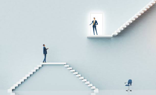 istock Business people approaching senior managers team  for interview. Business environment concept with stairs and open door. 3D rendering 2193544217