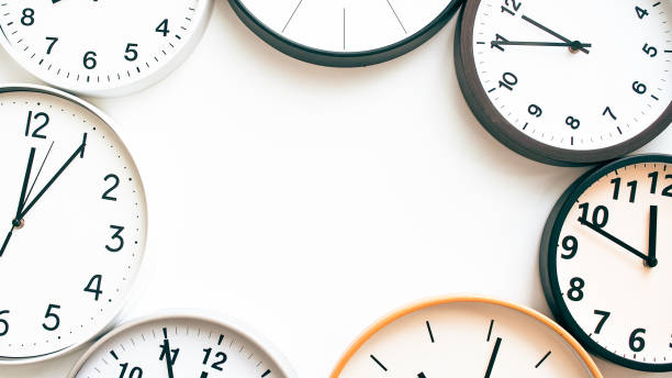 istock Analog Wall Clocks on White Background with Space for Text - Time Management and Global Time Zones Concept 2193544677