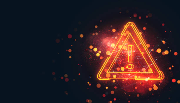 Glowing red warning triangle with exclamation mark, wireframe style, on dark background, surrounded by particle lights. Concept of online alert. 3D Rendering.