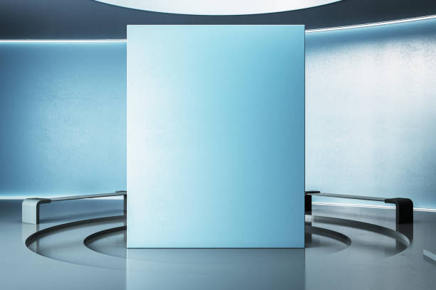 istock Large blue blank wall in modern interior with sleek curved bench and metallic floor. 3D Rendering 2193549434