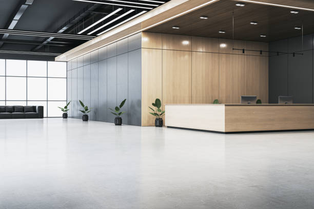 istock Modern office reception interior with wooden desk and clean design. 3D Rendering 2193549752