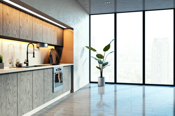 istock Modern kitchen interior with wooden cabinets, large glass windows, and stylish decor in a bright apartment corner. 3D Rendering 2193550883