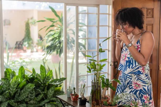 Young woman enjoying a cup of tea surrounded by her houseplants in her bright and airy home