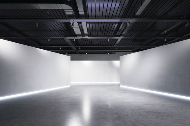 istock Modern empty gallery with white walls and industrial ceiling in clean minimalist design. 3D Rendering 2193552444