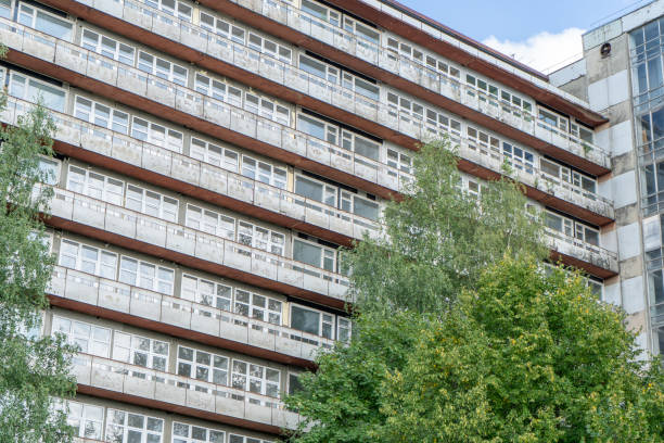 istock Abandoned sanatorium. Conserved multi-storey building with windows and balconies. Modernism in architecture of the 1960s. Ukraine, Truskavets resort. 2193555959