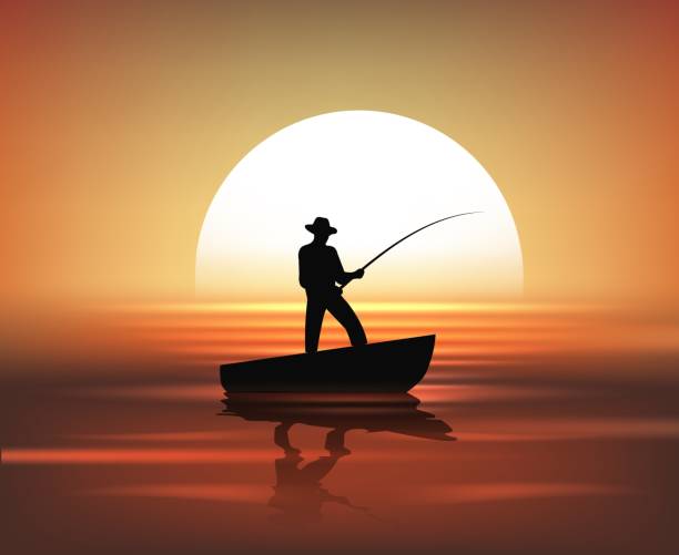 Fishing sunset background Fishing sunset. Fisherman in boat on sundown sea background vector illustration fisherman stock illustrations