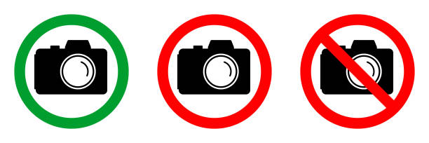 no photo allowed or camera prohibited red circle sign, green allowed round vector icon, 3 pictogram collection