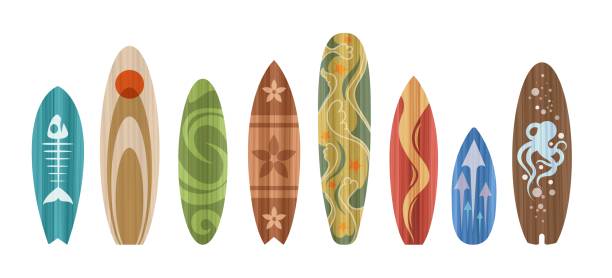 Isolated surfboards. Various cartoon surfing board tables set vector illustration