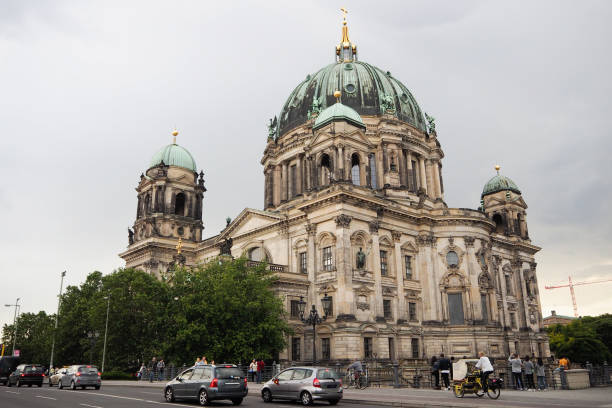 low angle view on sunny Berlin Cathedral against blue sky