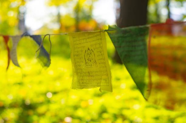 istock Colorful prayer flags hang in an outdoor setting, creating a cascade effect against a natural backdrop Each flag features cultural designs and text, symbolizing peacefulness and spiritual significan 2193564500