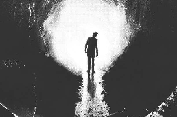 illustration of man getting out of a dark tunnel, freedom concept