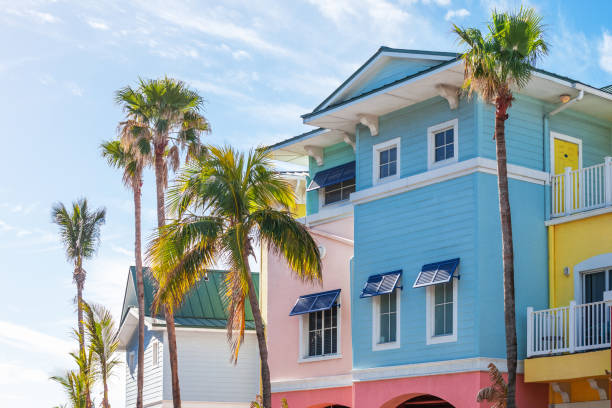 Colorful apartment buildings. Fort Myers Beach, Florida, USA