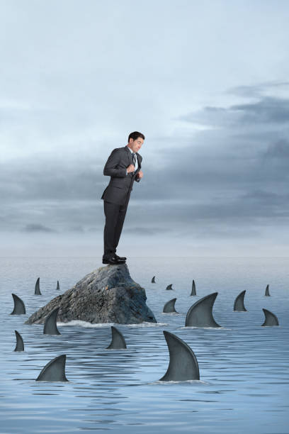 istock Man Stands On Small Rock In Ocean Surrounded By Sharks 2193574117