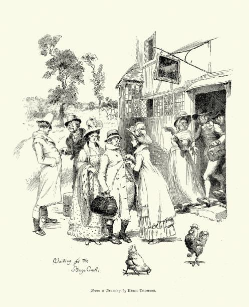 istock People waiting outside an old coaching Inn for the Stage coach to arrive, 1880s, Victorian art, 19th Century vintage illustration 2193574516