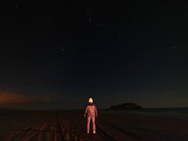 istock A man with his back turned, standing on a beach under the stars. 2193579879