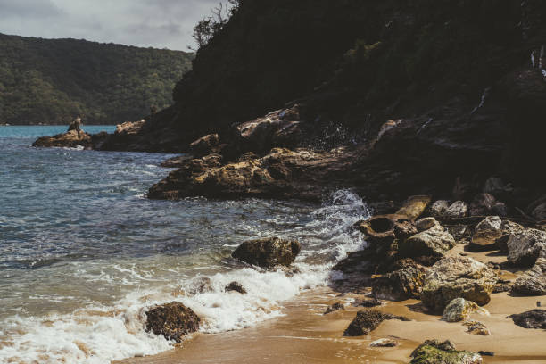 Morning panorama of El Medio beach in Tayrona Park and  Santa Marta in Colombia