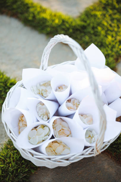 Petals in cones during a wedding to be thrown at the newlywed couple - biodegradable confetti