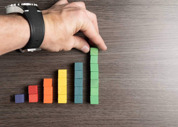istock Hand of a man making an ascending bar chart with wooden blocks. 2193586180
