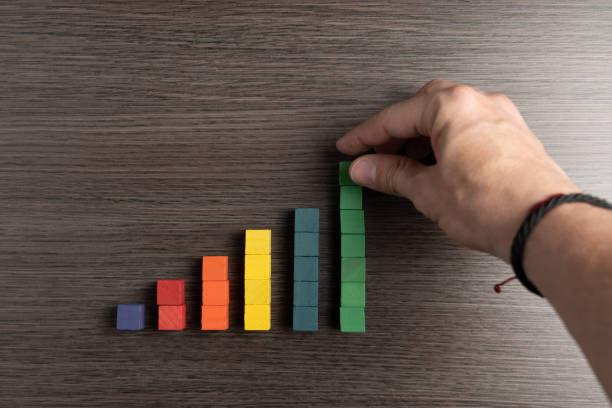 istock Hand of a man making an ascending bar chart with wooden blocks. 2193586202