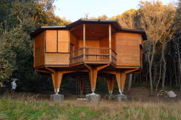 Immersed in the woods of the Gulf of Baratti, the Esagono house, an architectural work built in 1957, architect Vittorio Giorgini, Piombino, Italy