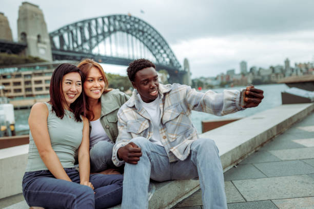 istock Three young friends taking selfie with Sydney Harbour Bridge at the background 2193588786