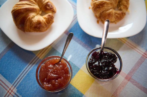 A delicious breakfast setup featuring golden croissants and two flavors of jam served on a blue plaid tablecloth. The display emphasizes the freshness and inviting nature of this meal.