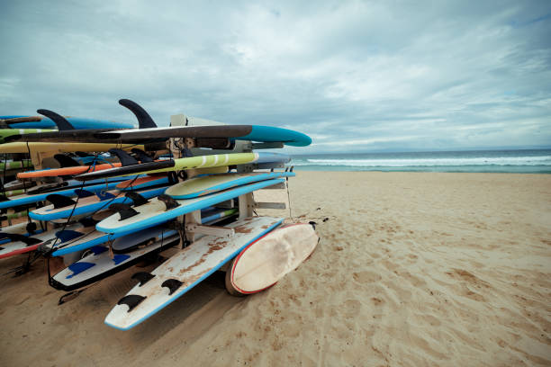 istock Surfboards for rent on a beach with no people 2193589531