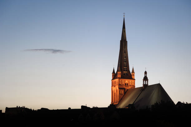 Historic Church Silhouetted Against a Dusk Sky. Szczecin Poland