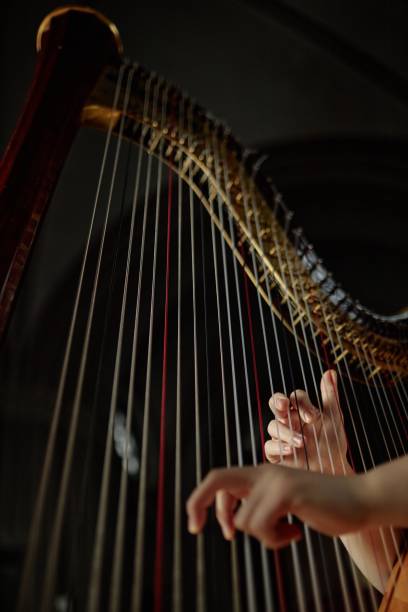 istock Female Hands Plucking Harp Strings Playing Music on Stage in Philharmonic Hall 2193593620