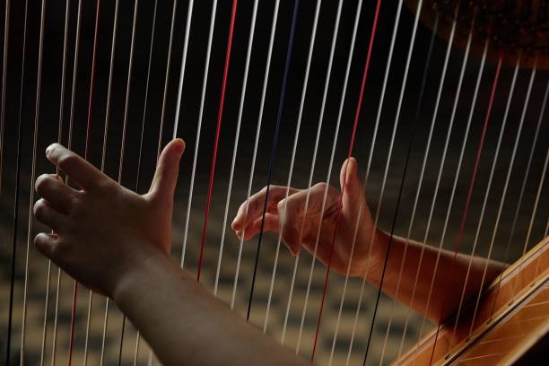 istock Hands of Woman Playing Harp Plucking Strings during Classical Music Performance Indoors 2193593651